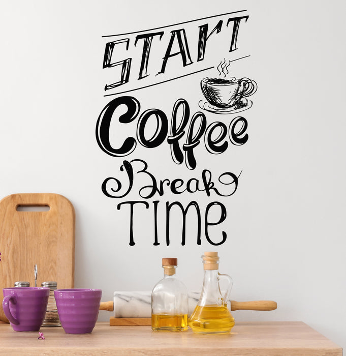 Start Coffee Break Time Vinyl Wall Decal Lettering Decor for Kitchen Cup Stickers Mural (k054)