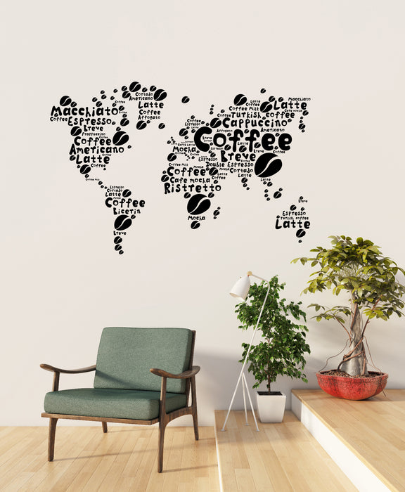 Vinyl Wall Decal Coffee House Map Kitchen Beans Words Art Stickers Mural (ig6300)