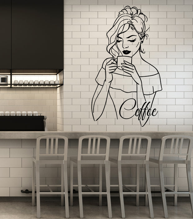 Vinyl Wall Decal Drinking Coffee Time Beauty Woman Cafe Logo Stickers Mural (g3069)