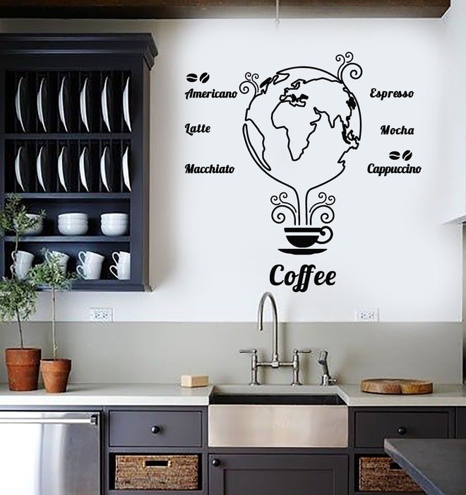 Vinyl Wall Decal Coffee Beans Cups Restaurant Cafe Earth Globe Stickers Mural (g3717)