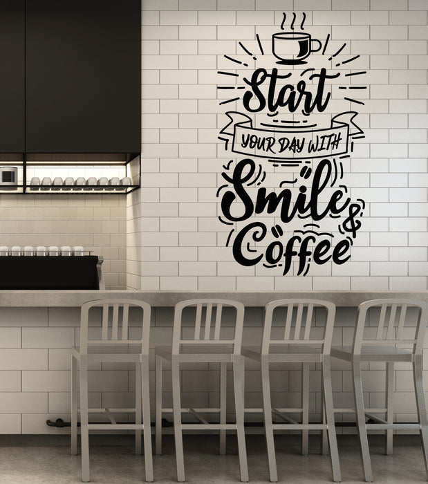 Vinyl Wall Decal Coffee Cup Smile Positive Quote Cafe Kitchen Stickers Mural (g7216)
