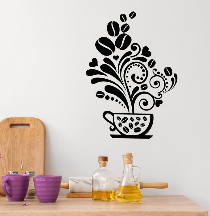 Vinyl Wall Decal Floral Art Coffee Beans Cups Cafe Kitchen Stickers Mural (g7735)