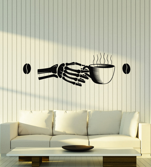 Vinyl Wall Decal Coffee Shop Logo Skeleton Skull Hand Coffee Beans Stickers Mural (g7968)