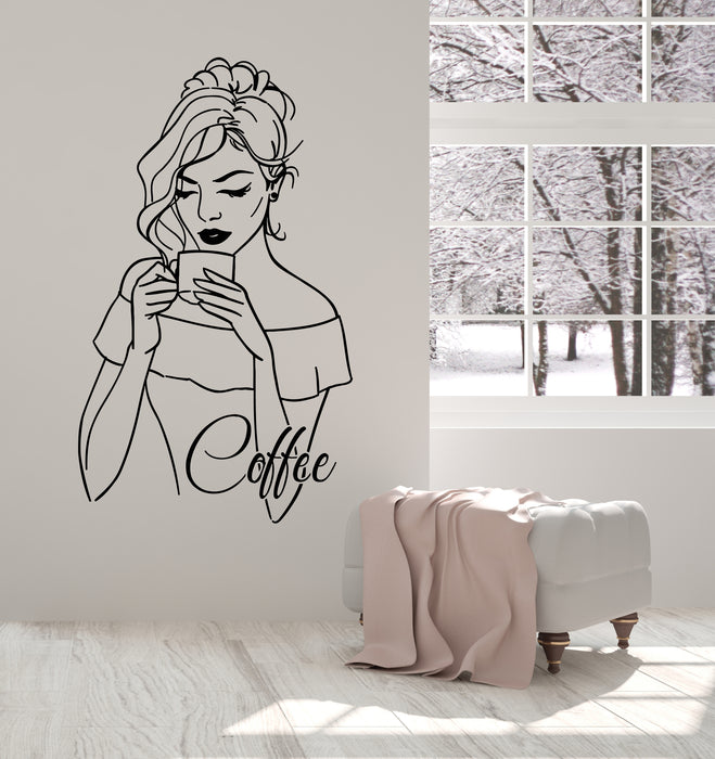 Vinyl Wall Decal Drinking Coffee Time Beauty Woman Cafe Logo Stickers Mural (g3069)