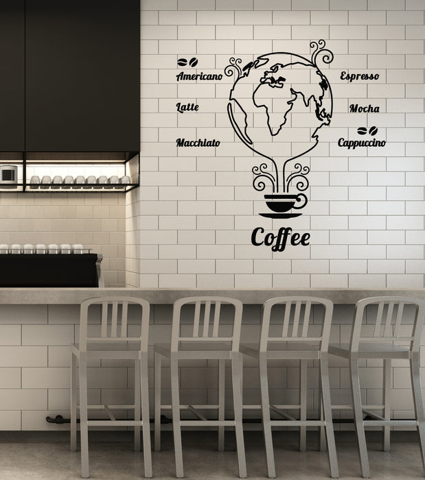 Vinyl Wall Decal Coffee Beans Cups Restaurant Cafe Earth Globe Stickers Mural (g3717)