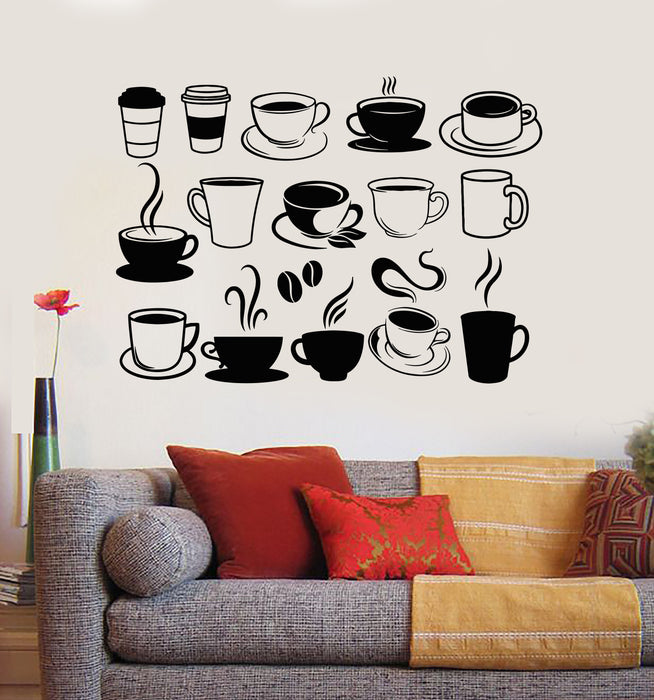Vinyl Wall Decal Coffee Cups Collection Coffee Beans Cafe Stickers Mural (g5134)