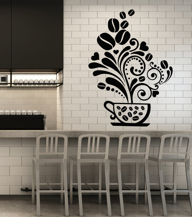 Vinyl Wall Decal Floral Art Coffee Beans Cups Cafe Kitchen Stickers Mural (g7735)
