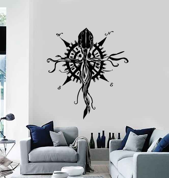 Vinyl Wall Decal Squid Octopus Ocean Sea Fish Compass Marine Style Stickers Mural (g1669)