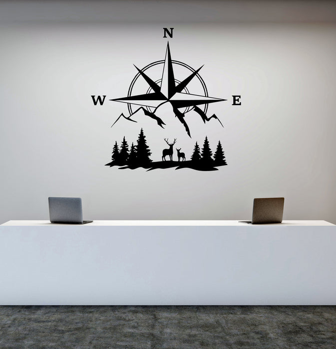 Compass Vinyl Wall Decal Deer Mountains North South Stickers Mural (k267)