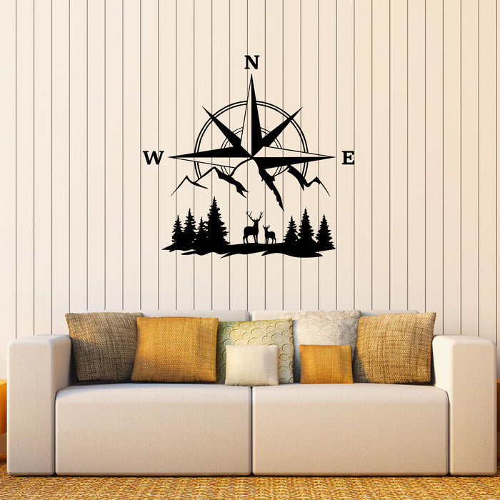 Compass Vinyl Wall Decal Deer Mountains North South Stickers Mural (k267)