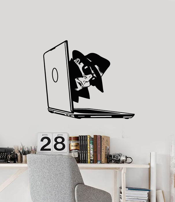Vinyl Wall Decal Computer Hacker Spy Man With Glasses Laptop Stickers Mural (g1403)