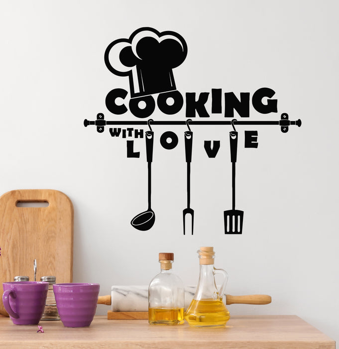 Vinyl Wall Decal Chef's Hat Cooking With Love Kitchen Utensils Stickers Mural (g5363)