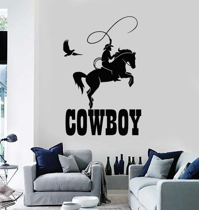 Vinyl Wall Decal Cowboy Texas Rider Horse Racing Lasso Stickers Mural (g3789)