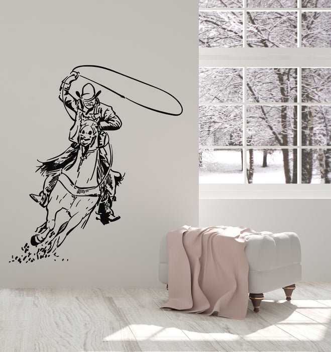 Vinyl Wall Decal Cowboy Texas Wild West Horse Rider Lasso Stickers Mural (g5708)