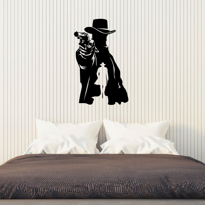 Cowboy Vinyl Wall Decal Hat Gun Silhouette Western Stickers Mural (k226)