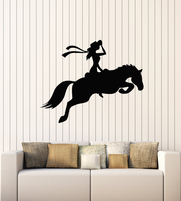 Vinyl Wall Decal Cowgirl  Silhouette Riding Horse Western Interior Stickers Mural (g7212)