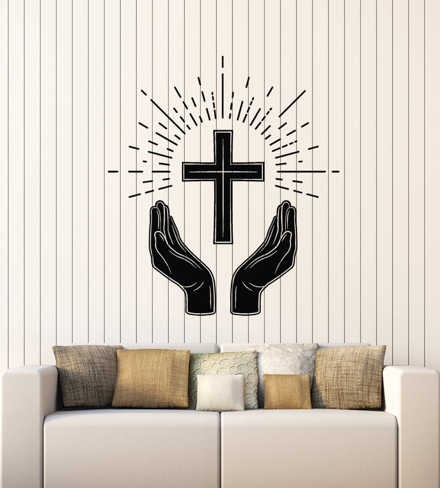 Vinyl Wall Decal Christian Symbol Cross Religion Hands Holy Stickers Mural (g4782)