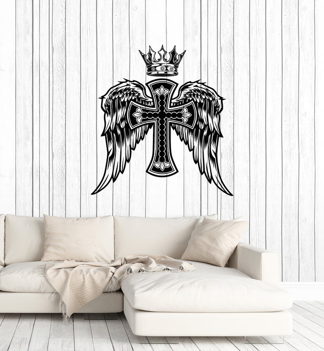 Vinyl Wall Decal Cross With Wings King Crown Medieval Symbol Stickers Mural (g4754)