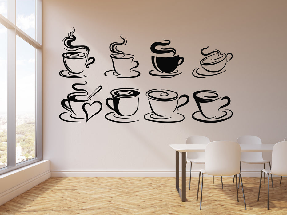 Vinyl Wall Decal Cups Of Coffee Tea Time Cafe Kitchen Restaurant Stickers Mural (g2177)