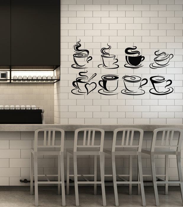 Vinyl Wall Decal Cups Of Coffee Tea Time Cafe Kitchen Restaurant Stickers Mural (g2177)