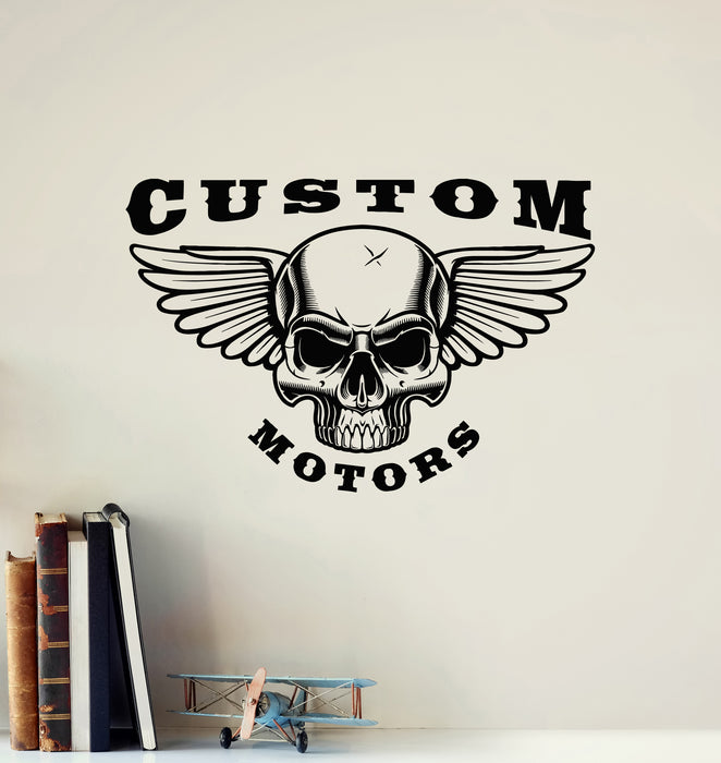 Vinyl Wall Decal Skull Wings Custom Motors Service Auto Repair Stickers Mural (g7586)