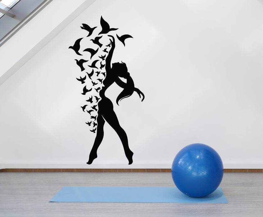 Vinyl Wall Decal Beautiful Dancer Girl Silhouette Birds Patterns Stickers Mural (g7513)