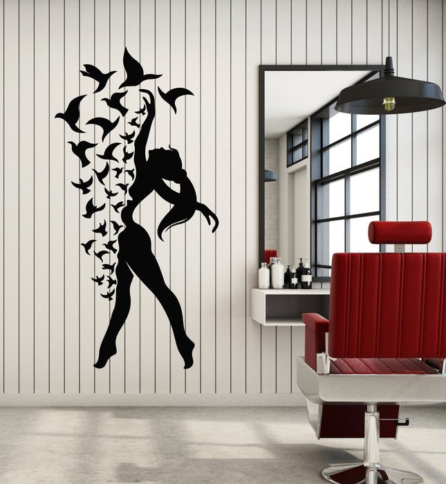 Vinyl Wall Decal Beautiful Dancer Girl Silhouette Birds Patterns Stickers Mural (g7513)