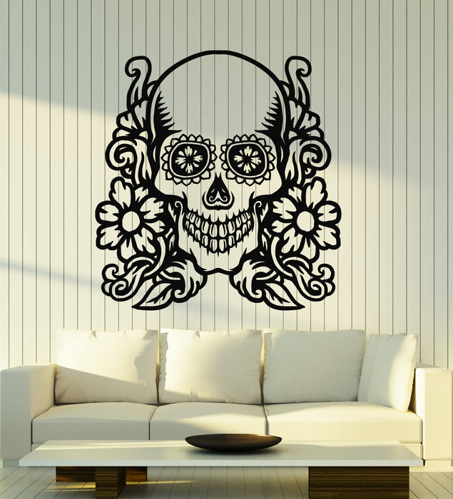 Vinyl Wall Decal Mexican Day Of Dead Face Skull Flowers Stickers Mural (g6667)