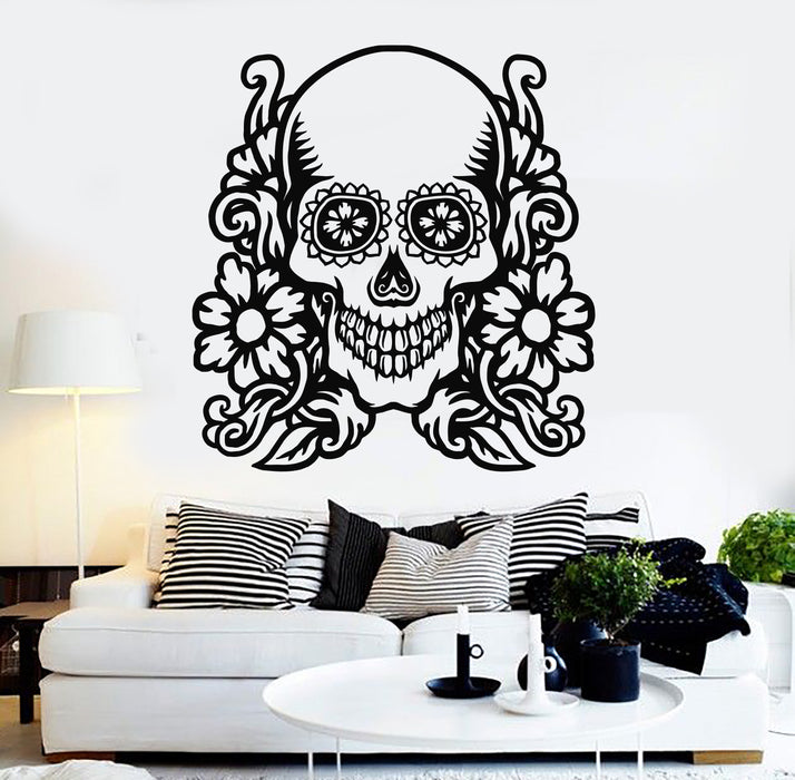 Vinyl Wall Decal Mexican Day Of Dead Face Skull Flowers Stickers Mural (g6667)