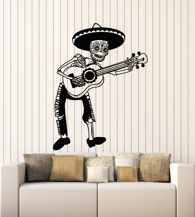 Vinyl Wall Decal Mexican Skull Skeleton With Guitar Day Of The Dead Stickers Mural (g5276)