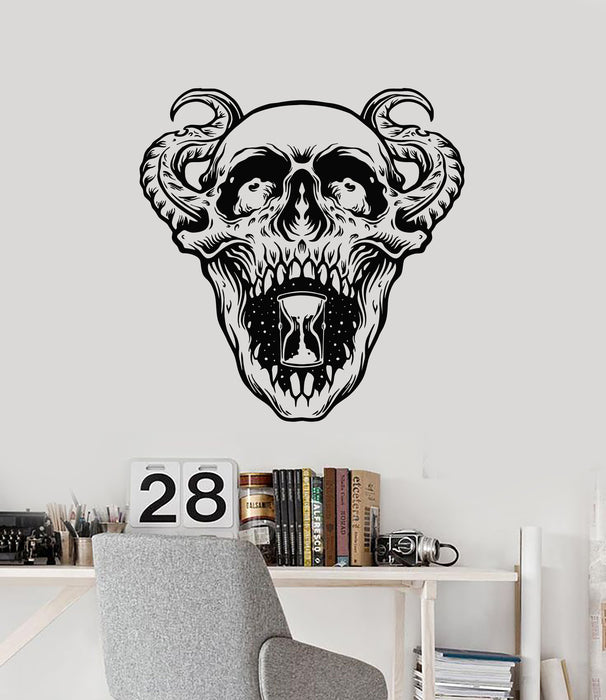 Vinyl Wall Decal Hourglass Demon Skull With Horns Horror Decor Stickers Mural (g5789)