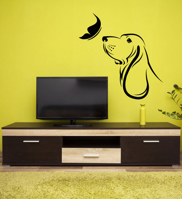 Vinyl Wall Decal Cute Dog With Beauty Butterfly Pet House Stickers Mural (g4589)