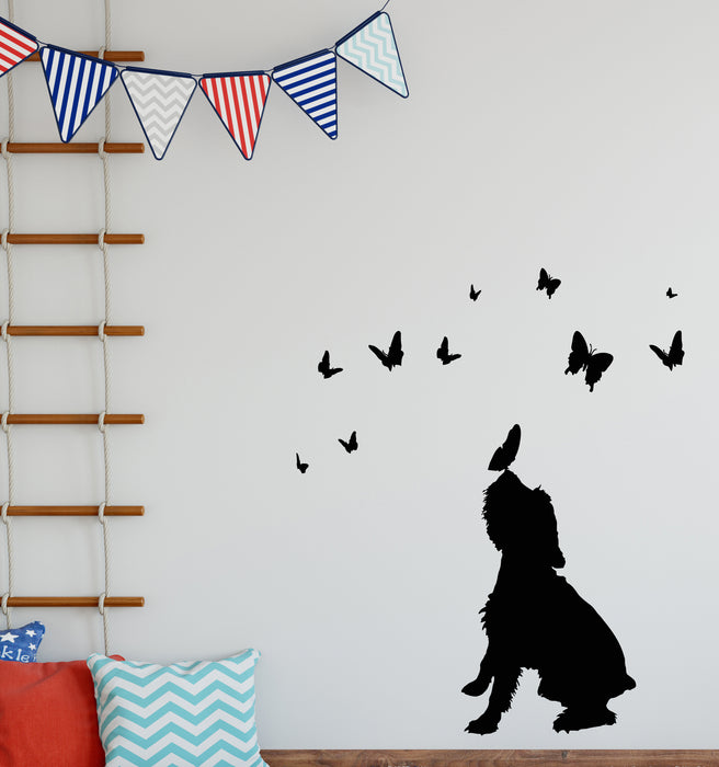 Vinyl Wall Decal Dog With Butterflies Pet Grooming Care Nursery Stickers Mural (g5602)
