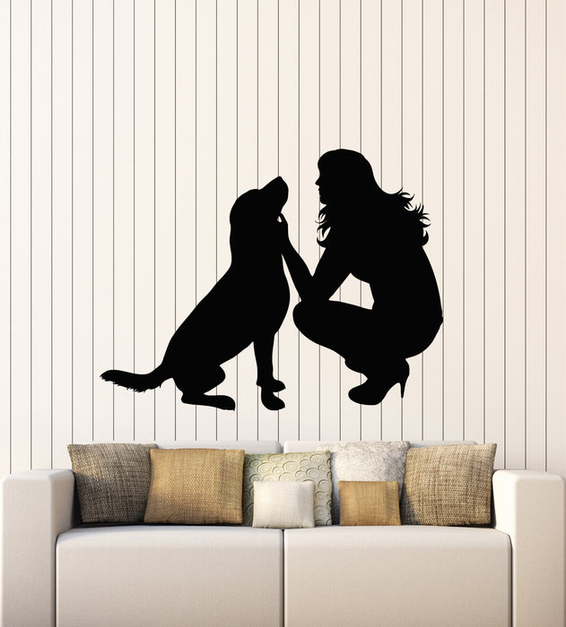 Vinyl Wall Decal Girl With Dog Pet Grooming Home Interior Stickers Mural (g3067)