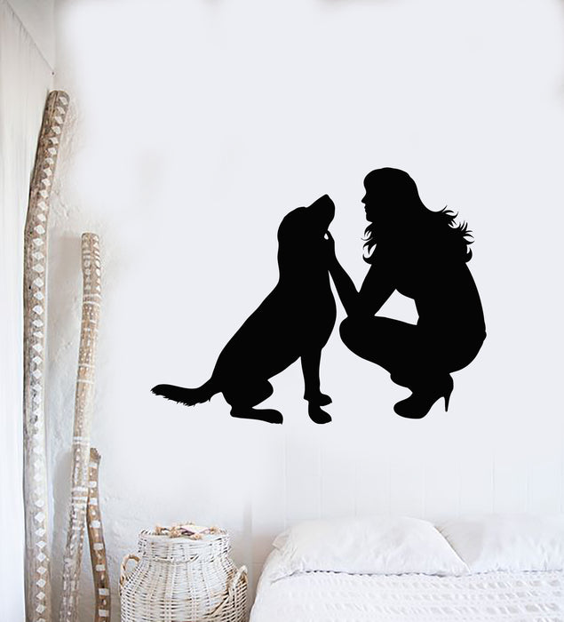 Vinyl Wall Decal Girl With Dog Pet Grooming Home Interior Stickers Mural (g3067)