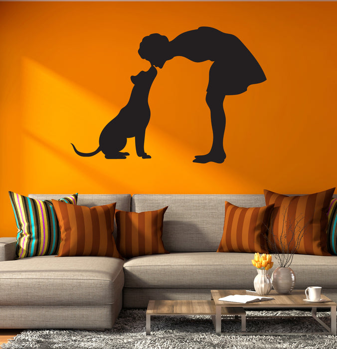 Dog with Owner Vinyl Wall Decal Pets Lovers Decor for Pet Shops Kiss Stickers Mural (k092)