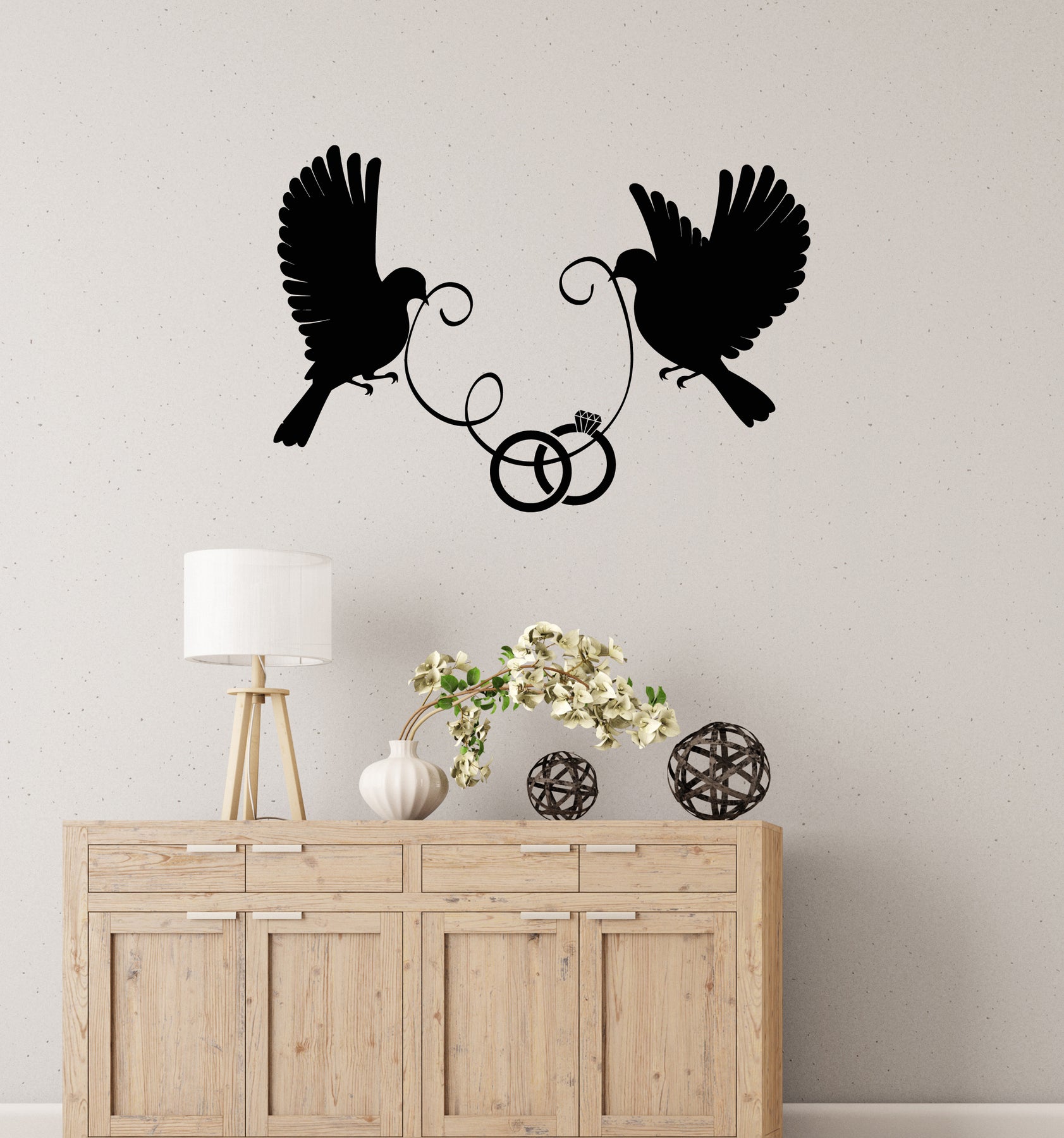 Vinyl Wall Decal Flying Couple Wedding Doves Ribbon Ring Stickers Mura —  Wallstickers4you