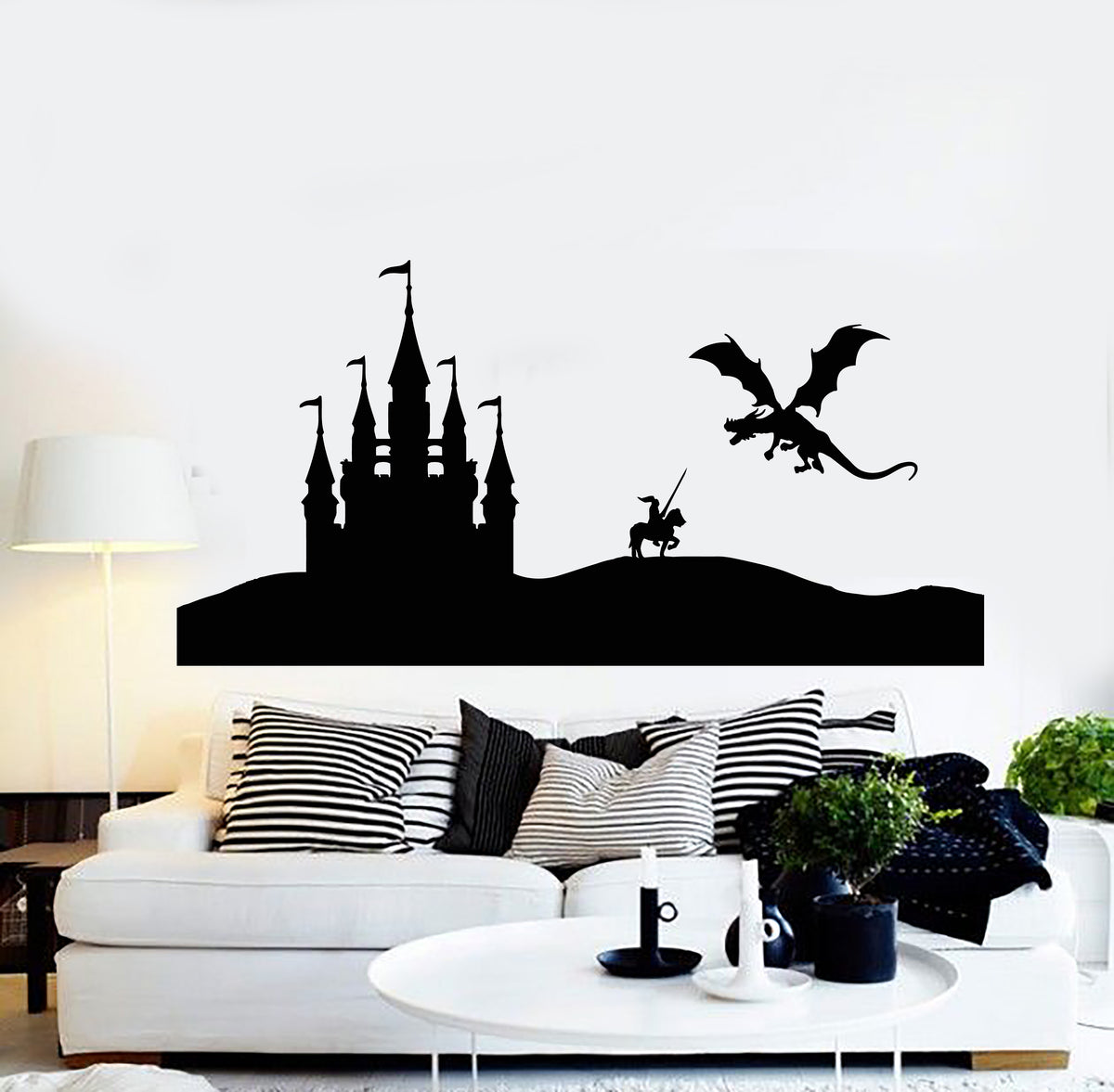 Vinyl Wall Decal Castle Flying Dragon Knight Fantasy Art Child Room St ...