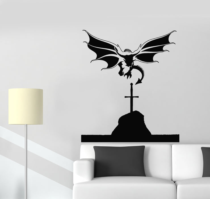 Vinyl Wall Decal Flying Dragon Medieval Tales Mythology Wings Sword Stickers Mural (g605)