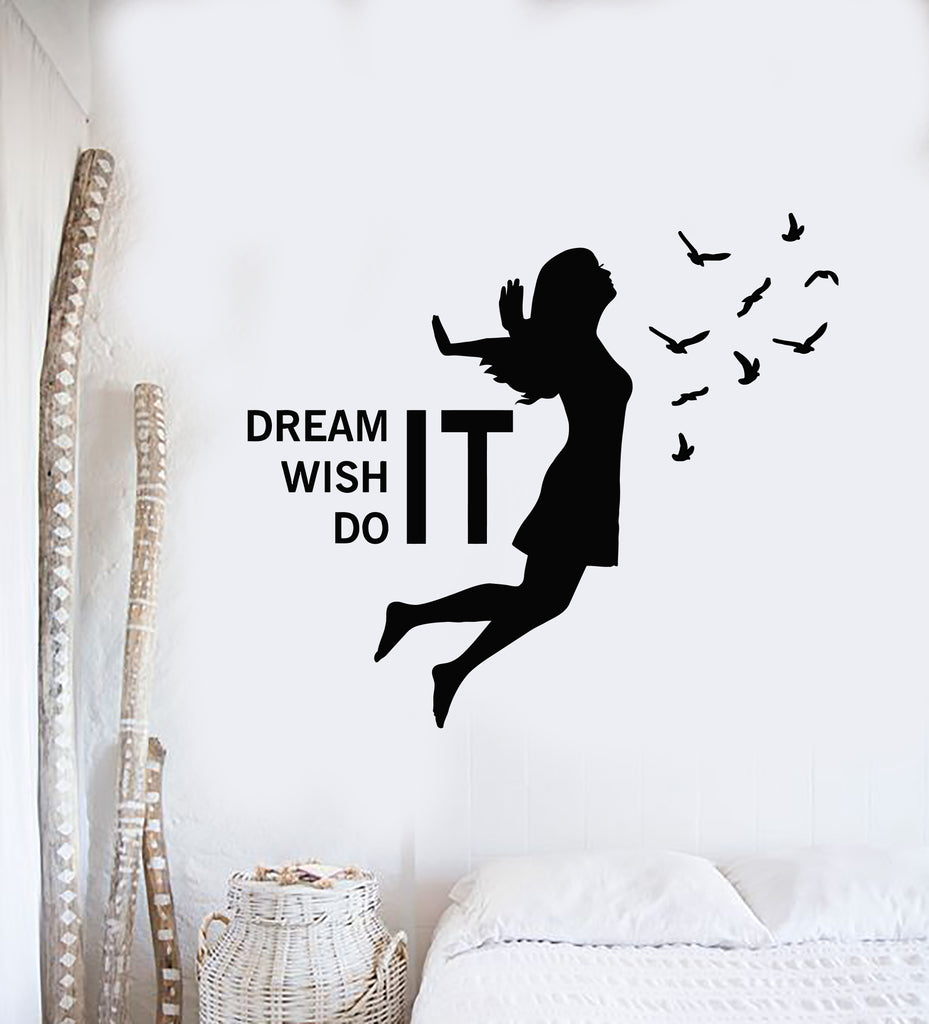Vinyl Wall Decal Dream Wish Do It Inspirational Phrase Girl Birds Patt —  Wallstickers4you, image size:929x1024