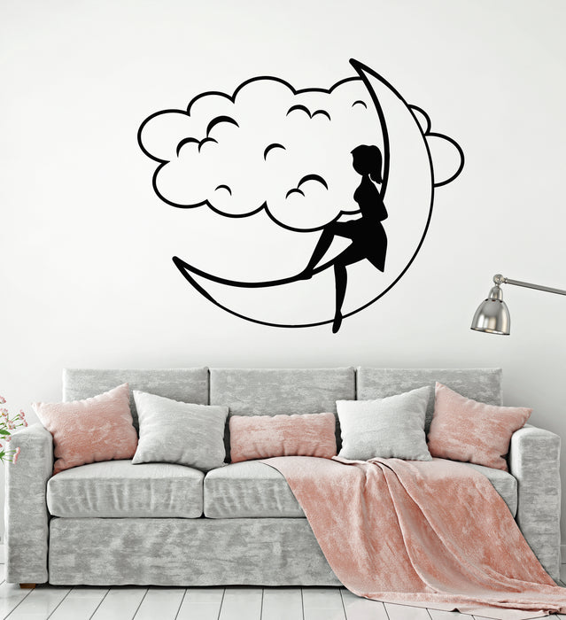 Vinyl Wall Decal Cartoon Girl On The Moon Dreams Cloud Bedroom Decoration Stickers Mural (g317)