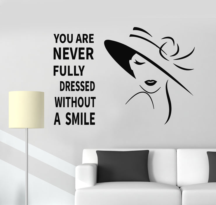 Vinyl Wall Decal Words Smile Quote Beautiful Woman Hat Stickers Mural (g989)