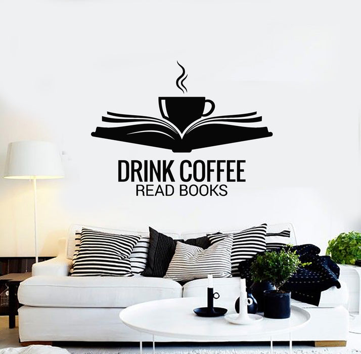 Vinyl Wall Decal Open Book Cup Drink Coffee Read Reading Corner Room Books Stickers Mural (g1910)