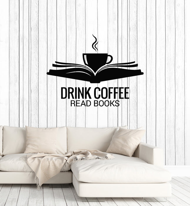 Vinyl Wall Decal Open Book Cup Drink Coffee Read Reading Corner Room Books Stickers Mural (g1910)