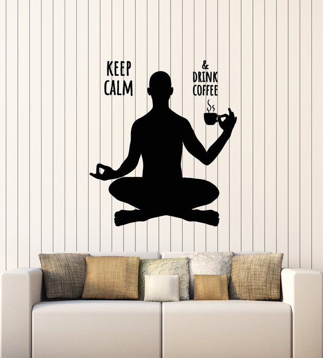 Vinyl Wall Decal Keep Calm Drink Coffee Yoga Room Lotus Pose Stickers Mural (g4640)