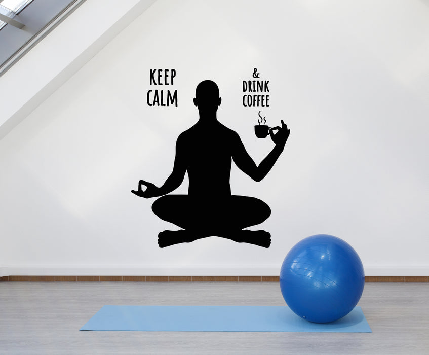 Vinyl Wall Decal Keep Calm Drink Coffee Yoga Room Lotus Pose Stickers Mural (g4640)