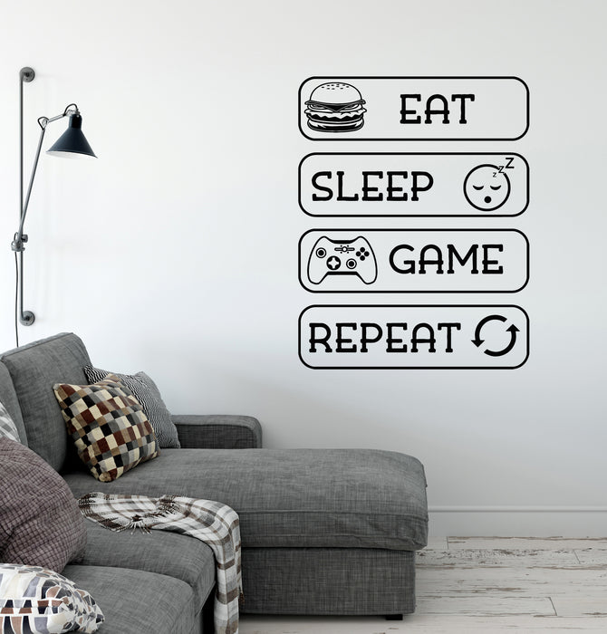 Vinyl Wall Decal Eat Sleep Game Repeat Phrase Game Room Stickers Mural (g8192)