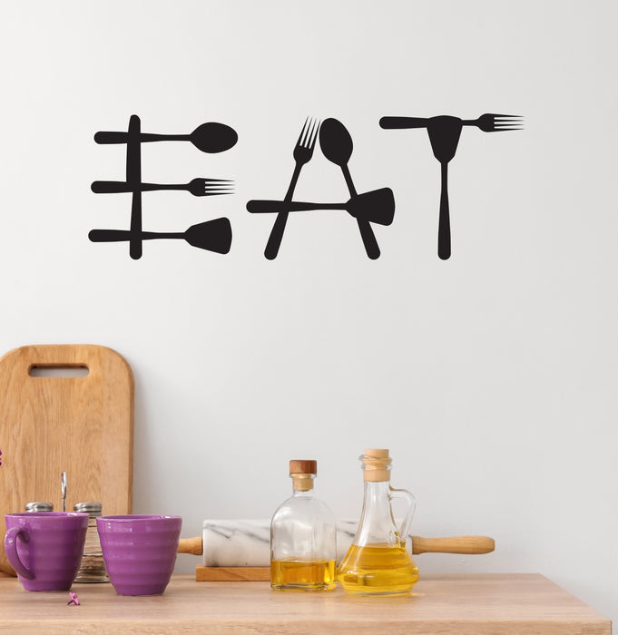Eat Vinyl Wall Decal Lettering Cafe Decor Spoon Fork Stickers Mural (k239)