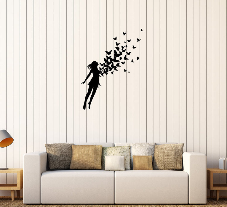 Wall Decal Girl Jumping Flying Butterfly Woman Vinyl Sticker (ed1111)