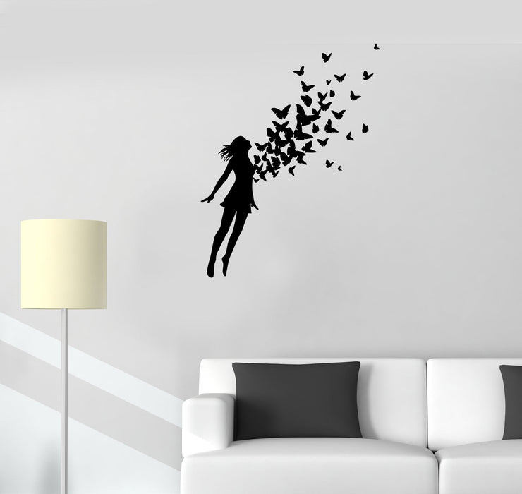 Wall Decal Girl Jumping Flying Butterfly Woman Vinyl Sticker (ed1111)